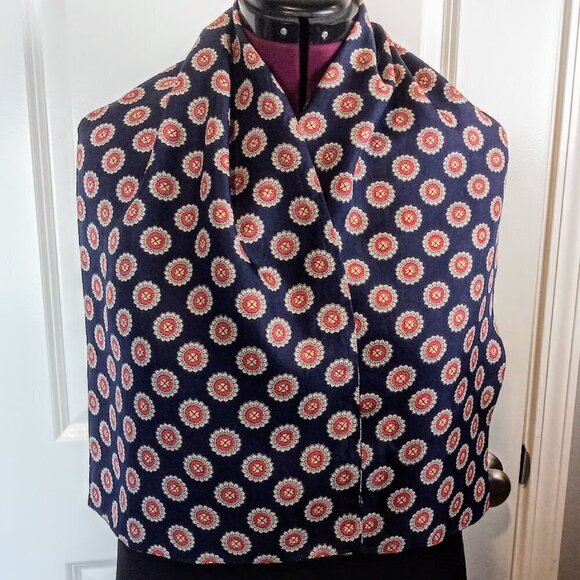 Navy Blue Red Yellow Circle Print Oblong Silk Scarf - Picture 3 of 3